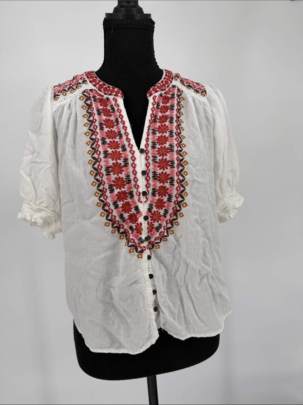 White Embroidered Peasant Blouse with Pink Floral Yoke‎